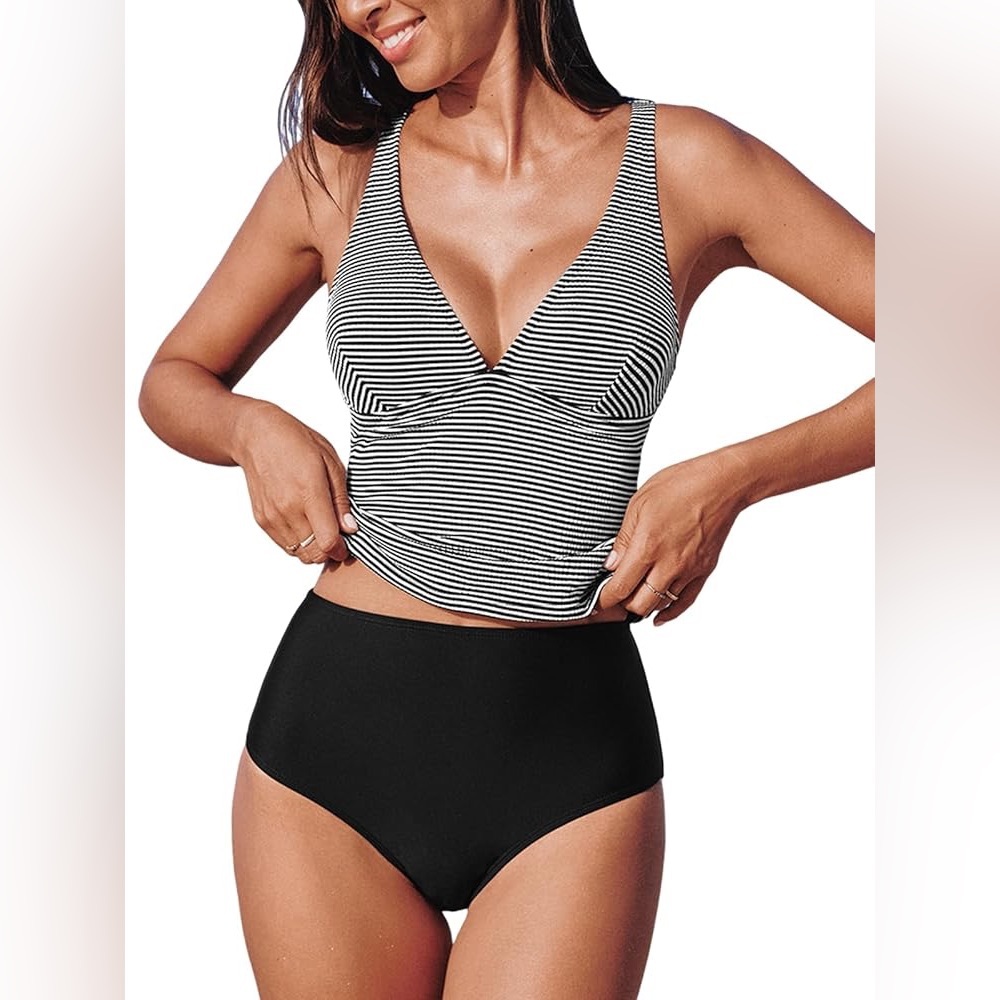 Striped Black and White Tankini Set